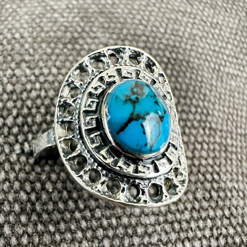 Turquoise Ring Sterling Silver Statement Ring Boho Jewelry Women's‎ 7.25